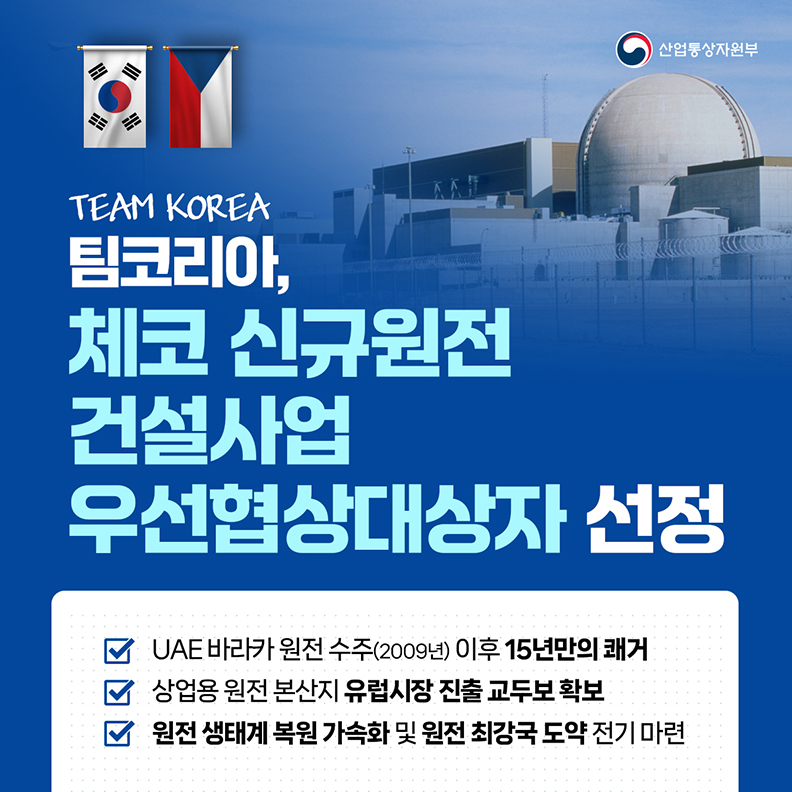 [산업통상자원부] TEAM KOREA 팀코리아, 체코 신규원전 건설사업 우선협상대상자 선정 - UAE 바라카 원전 수주(20009년) 이후 15년만의 쾌거, 상업용 원전 본산지 유럽시장 진출 교두보 확보, 원전 생태계 복원 가속화 및 원전 최강국 도약 전기 마련